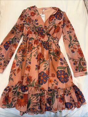 Guess Pink Floral Ruffle Hem Casual Dress